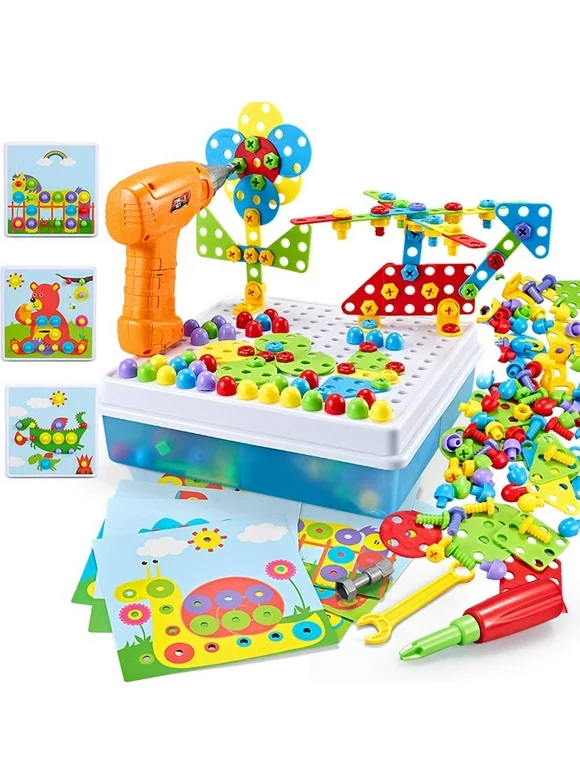 Electric Drill Puzzle Peg Board Take Apart Toy Button Art Toy Mosaic Pegboard,3D Construction Building Blocks Playset ,STEM Toys for 3 4 5 6 7 Year olds Kids boy Gifts 224 Pcs