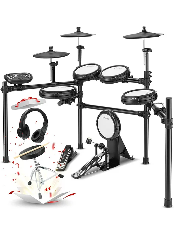 Donner DED-400 Electric Drum Set, Quiet Electronic Drum Kit for Adults with 400 Sounds for Profession with Hammer Kick Drum Pedal, More Stable Steel Support Set and 40 Melodics Lessons