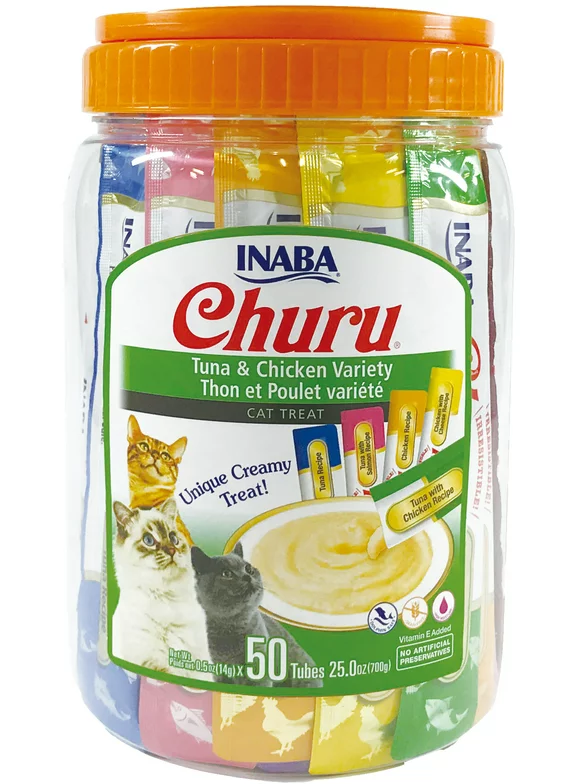 INABA Churu Creamy, Lickable Purée Cat Treat w Taurine, 0.5 oz, 50 Tubes, Tuna & Chicken Variety