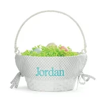 Personalized Planet Gray and White Liner with Custom Name Embroidered in Blue Thread on White Woven Spring Easter Basket with Collapsible Handle for Egg Hunt or Book Toy Storage