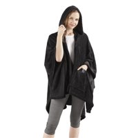 Plush Hooded Angel Wrap with Pockets, Black, 50" x 60"