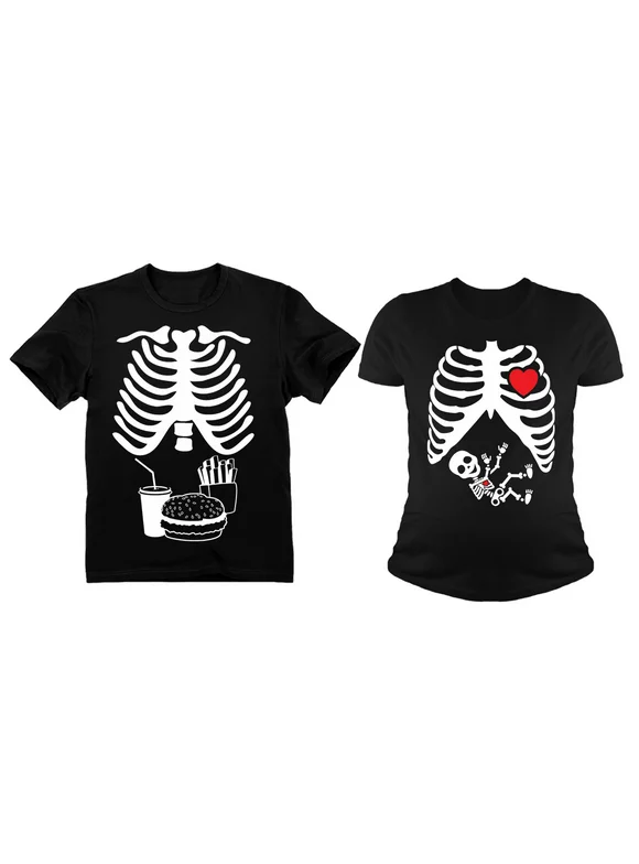 Halloween Pregnancy Baby Girl Xray Shirt Burger Skeleton Costume for Couples Dad Black Medium / Mom Black Small