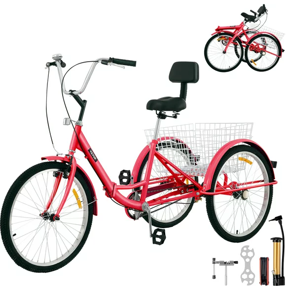 VEVOR 24"Foldable Adult Tricycle,1 Speed 3 Wheels Trike with Basket,Red