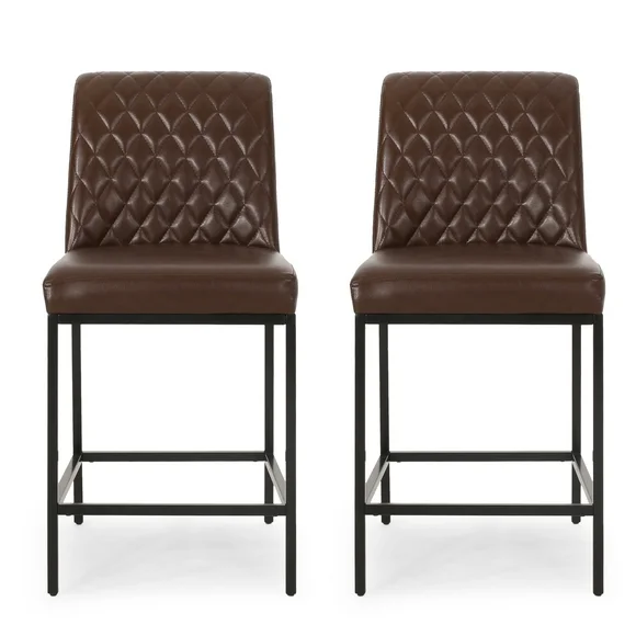 Noble House Berea Upholstered Diamond Stitch Counter Stools, Set of 2, Dark Brown and Black