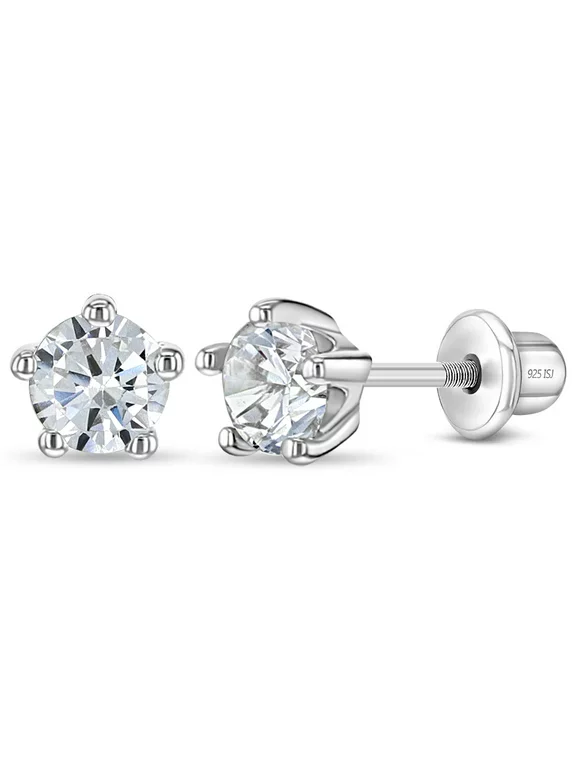 925 Sterling Silver Classic 4mm Simulated Diamond Prong Set Girls Screw Backs