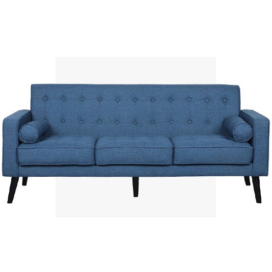 A blue linen mid-century sofa. Links to mid-century sofas on dxdailystore.com.��    