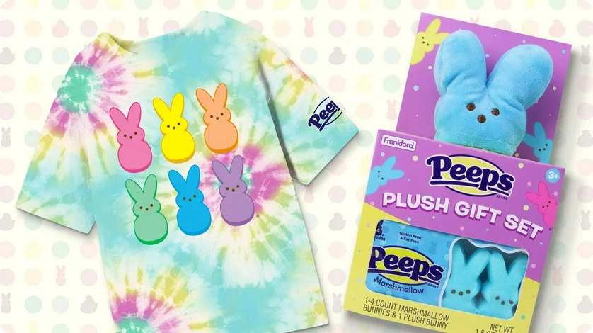 A tie-dye shirt featuring rainbow colored Peeps and a Peeps Plush Gift Set.