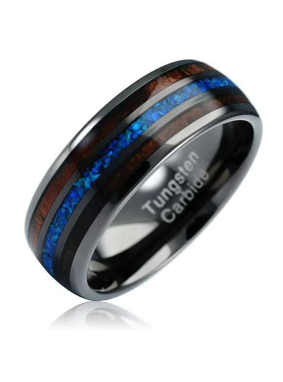 100S JEWELRY Gunmetal Tungsten Ring for Men Koa Wood Blue Opal Inlaid Wedding Band Promise Size 6-16 (Tungsten, 11)