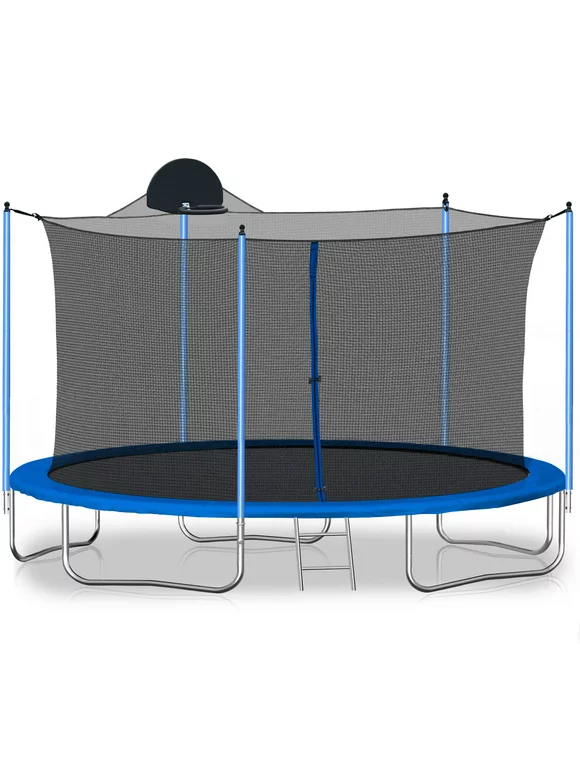 12FT Trampoline with Basketball Hoop, Outdoor Trampoline with Stakes and Ladder, Recreational Trampoline with Safe Enclosure Net, Outdoor Trampoline for Kids Teens Adults