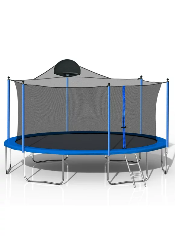 14ft Trampoline for Kids Teens Adults with Basketball Hoop and Safety Enclosure Net, Outdoor Large Recreational Trampoline with Metal Ladder