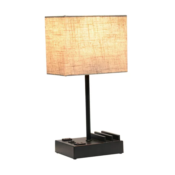 15.3" Tall Modern Rectangular Multi-Use 1 Light Bedside Table Desk Lamp with 2 USB Ports and Charging Outlet with Beige