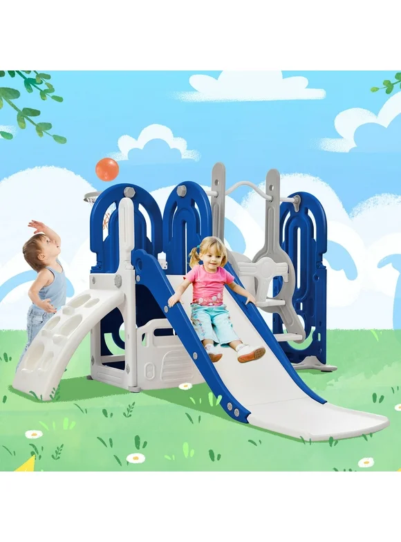 5 in 1 Toddler Swing and Slide Set with Climber, Kids Playground Climber Slide Playset with Safety Belt, Armrest, Basketball Hoop, High Adjustable Baby Swing Set for Indoor Outdoor Backyard, Blue