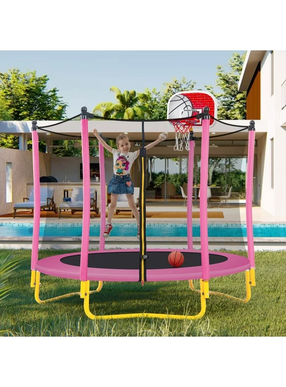 5.5FT Mini Round Trampoline for Kids, Indoor Outdoor Trampoline with Enclosure Net, Basketball Hoop and Ball, Toddler Small Trampoline Gifts for Boy and Girls, 220 lbs Weight Capacity, Pink
