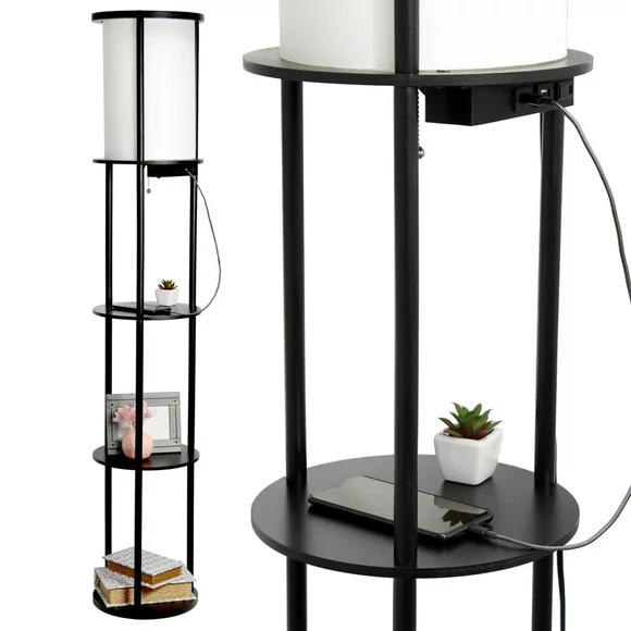 62.5" Round Modern Shelf Etagere Organizer Storage Floor Lamp With 2 Usb Charging Ports, Black