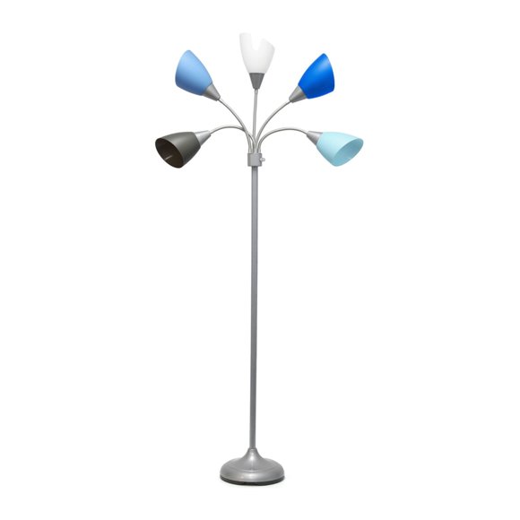 67" Contemporary Multi Head Medusa 5 Light Adjustable Gooseneck Silver Floor Lamp With Blue, White, Gray Shades