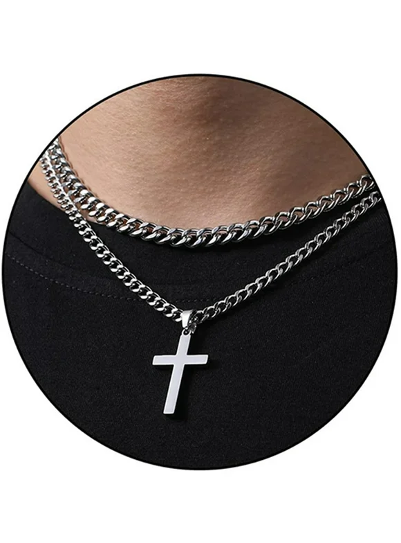 APSVO Layered Silver Cross Necklace for Men Boys Stainless Steel Layered Cuban Link Chain Cross Pendant Necklaces Set,Religious Jewelry Gifts