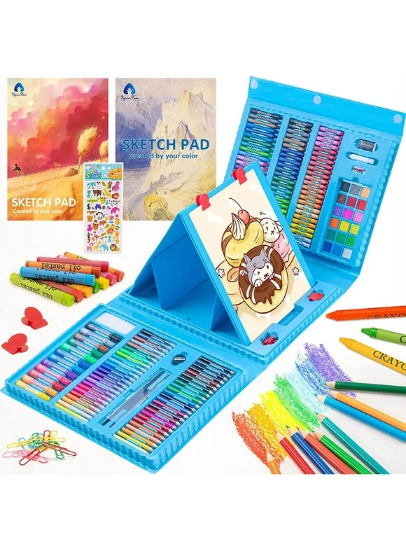 Art Supplies, 240-Piece Drawing Art kit, Gifts Art Set Case with Double Sided Trifold Easel, Includes Oil Pastels, Crayons, Colored Pencils, Watercolor Cakes, Sketch Pad (BLUE)