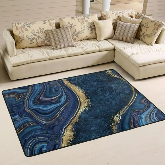 Bestwell Abstract Blue Marble Agate Area Rug,72"×48" Golden Sequins Floor Carpet for Indoor Living Dining Room and Bedroom Area