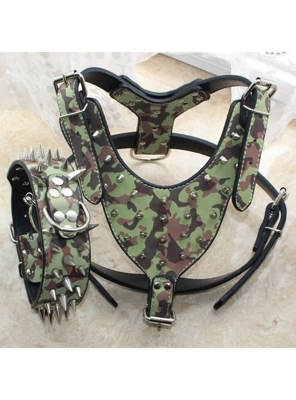 "Black Leather Spiked Dog Collar & Studded Harness Set - Ideal  Pitbull, Boxer,