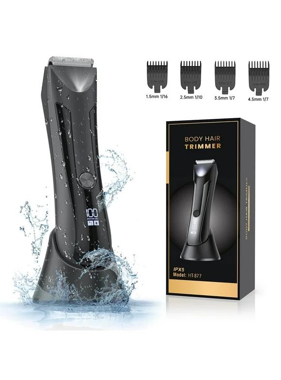Body Hair Trimmer for Men Women, Electric Groin Bikini Ball Shaver Razor, Fully Waterproof Ceramic Blade Pubic Hair Trimmer Clipper Body Groomer Kit With Recharge Dock, LCD Baterry Display & LED Light