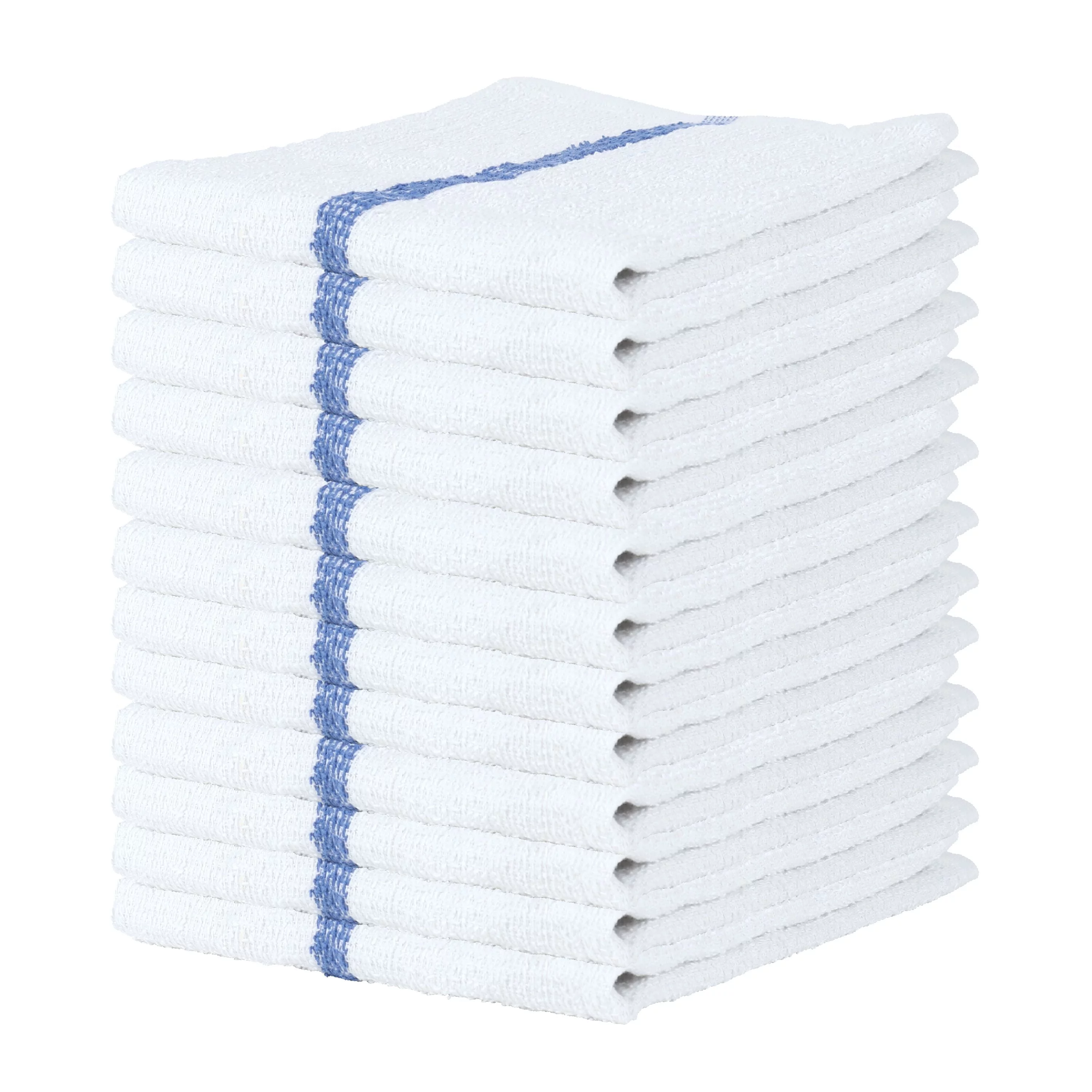Qwick Wick Bar Mop Terry Towels (12 Pack),  16" x 19",  100% Cotton, Absorbent Soft Cleaning Cloths, White with Blue Stripe