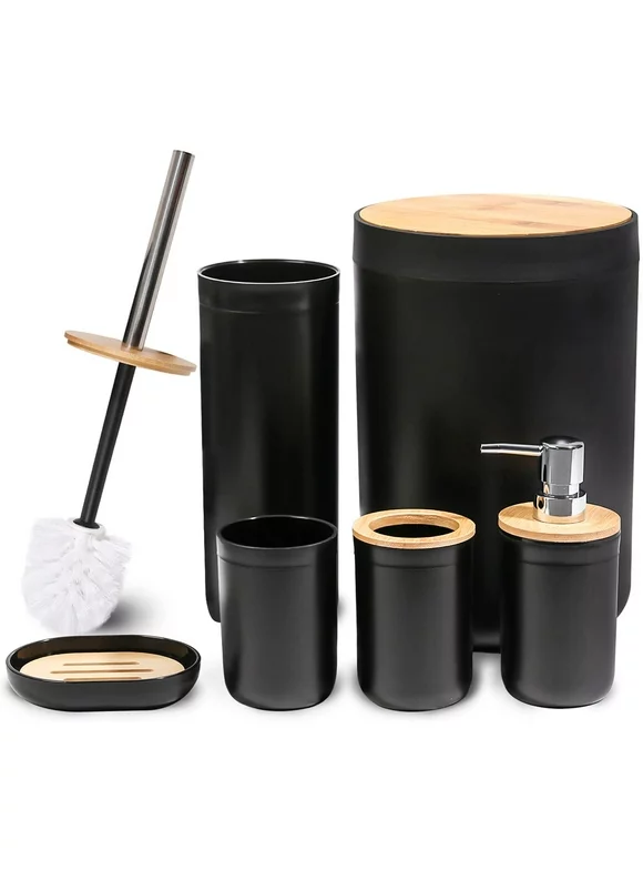 CERBIOR 7 Pieces Bamboo Bathroom Accessories Sets, Bath Set- Soap Dish Toothbrush Holder Rinse Cup Lotion Bottle Trash Can Toilet Brush - Practical Toilet Kit for Home Washing Room，Black