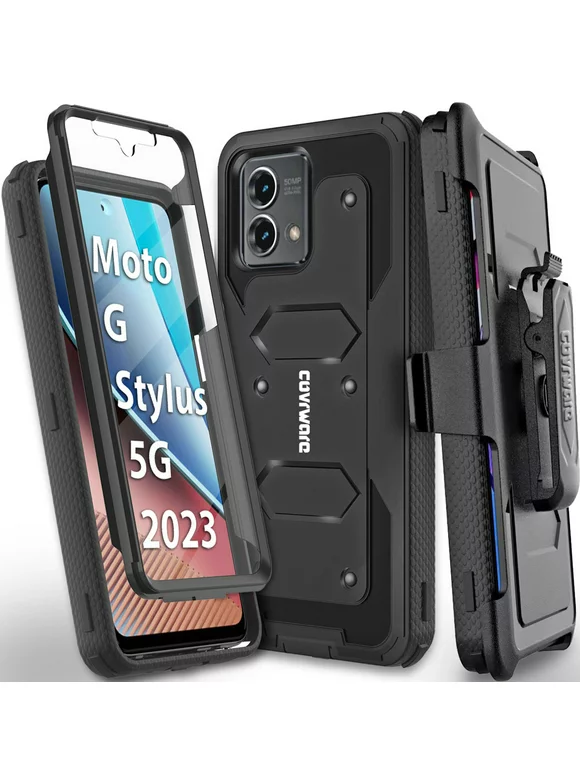 COVRWARE Aegis Series Case for Moto G Stylus 5G 2023, Full-Body Rugged Swivel Belt-Clip Holster Dual Layer Case, Kickstand with Built-in Screen Protector, Black