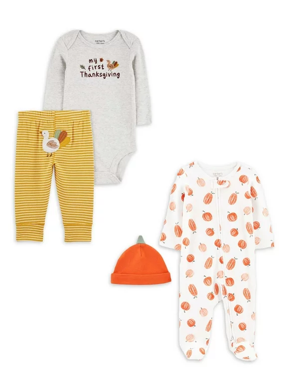 Carter's Child of Mine Baby Unisex Thanksgiving Bodysuit, Pants, and Sleep N Play, 4-Piece, Sizes Preemie-6/9 Months