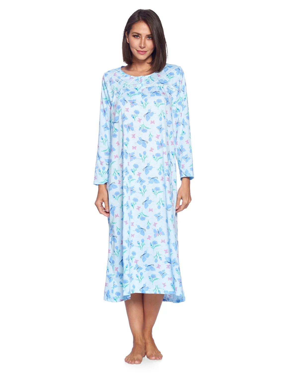 Casual Nights Women's Long Floral & Lace Henley Nightgown