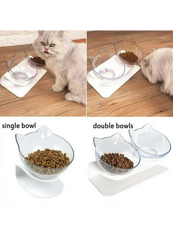 Cat Elevated Bowl,Transparent Cat Bowl With Holder Anti-slip,Pet Feeding Bowl, Raised The Bottom for Cats and Small Dogs, Cute Cat Face Single Double Bowl