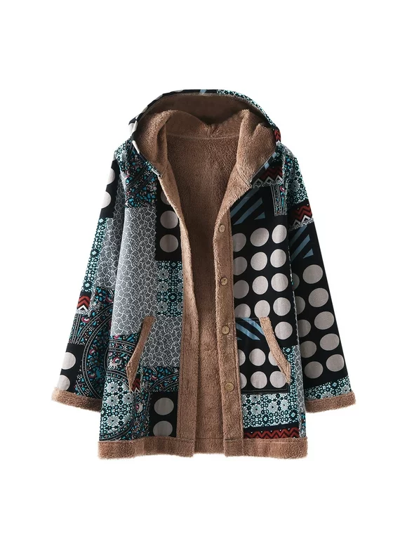 Coats For Women Printed Padded Warm Hooded Coat Long Sleeve Jacket Plus Size