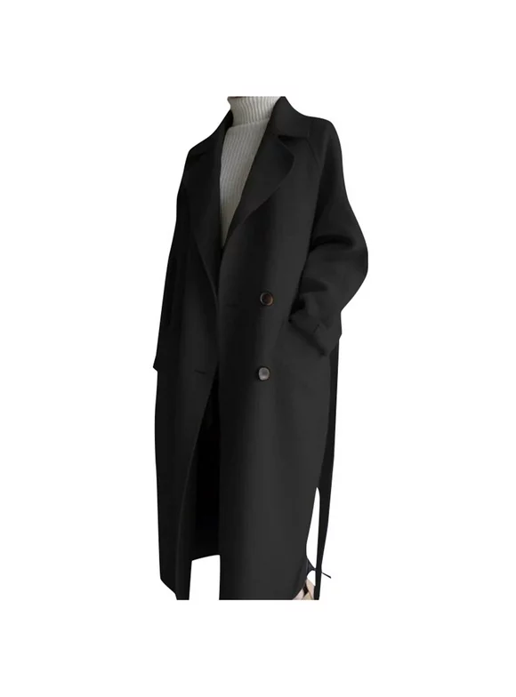 Coats for Women Dressy Oversize Lapel Cashmere Wool Blend Belt Trench Outwear Casual Jackets