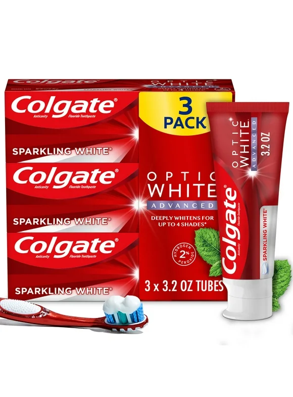 Colgate Optic White Advanced Teeth Whitening Toothpaste, Sparkling White, 3.2 Oz, 3 Pack