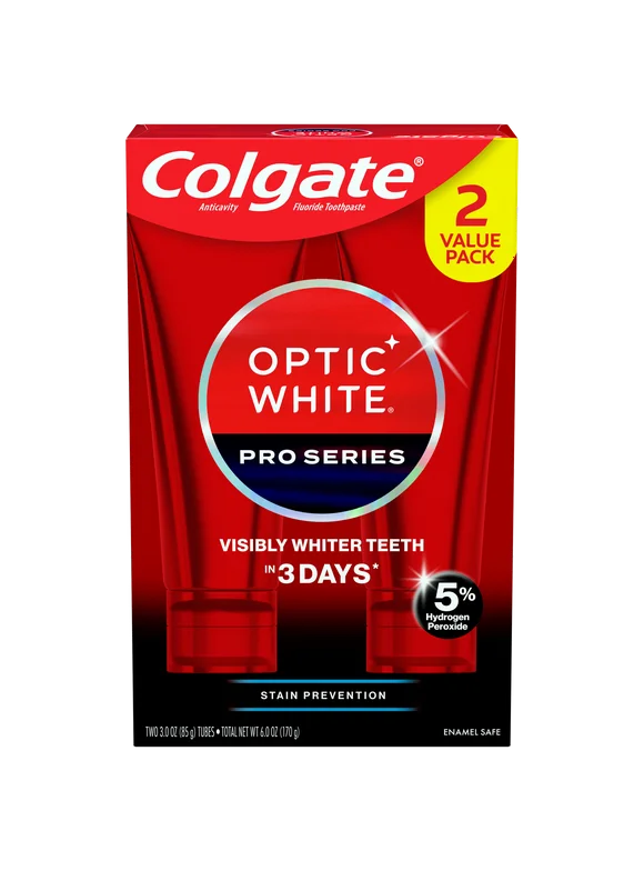 Colgate Optic White Pro Series Whitening Toothpaste with 5% Hydrogen Peroxide, Stain Prevention, 3 oz 2 Pack
