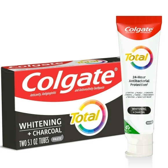 Colgate Total Whitening + Charcoal Toothpaste, Mint, 2 Pack, 5.1 Oz Tubes