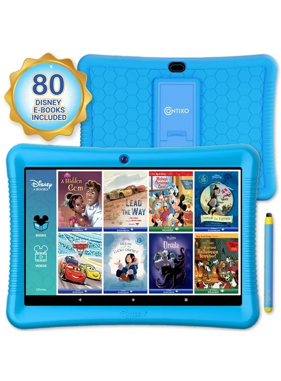 Contixo 10" Android Kids Tablet 64GB, Includes 80+ Disney Storybooks & Stickers, Kid-Proof Case with Kickstand & Stylus, (2024 Model) - Blue.