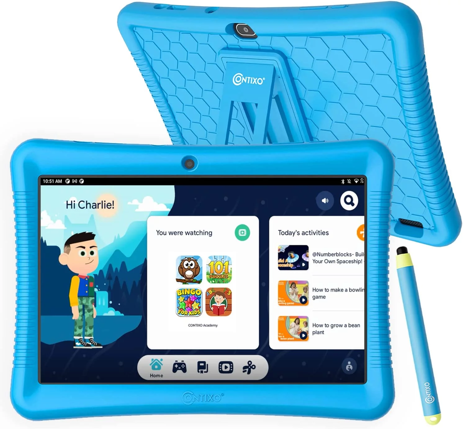 Contixo 10" Kids Tablet w/ Pre-Installed Learning Apps, Protective Case w/ Kickstand & Stylus, 64GB Storage, 2GB RAM, Camera, Parental Control, 1280x800 HD IPS Touch Screen LCD Display K102 Blue