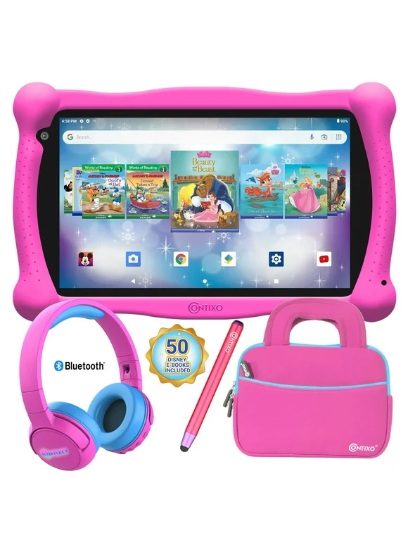Contixo V10 7" Kids Tablet, with Headphone and Tablet Bag Bundle, 32GB Storage, 50+ Disney eBooks, Shockproof Case w/ Kickstand and Stylus - Pink