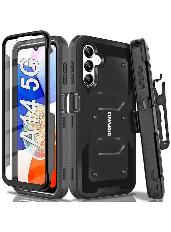 Covrware for Samsung Galaxy A14 5G / A14, Aegis Series Case Full-Body Rugged Dual-Layer Shockproof Protective Swivel Belt-Clip Holster Cover with Built-in Screen Protector, Kickstand, Black