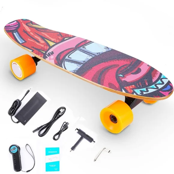 DEVO Electric Skateboard with Wireless Remote Control, 350W, Max 12.4 MPH, 7 Layers Maple E-Skateboard, 3 Speed Adjustment for Adults, Teens, and Kids, Orange