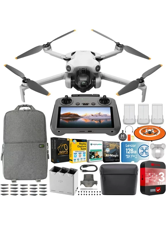 DJI Mini 4 Pro Folding Drone with RC 2 Remote (With Screen) Fly More Combo Plus, 4K HDR, Under 249g, Omnidirectional Sensing, 3 Plus Batteries Bundle with 3 Year CPS Extended Warranty & Accessories