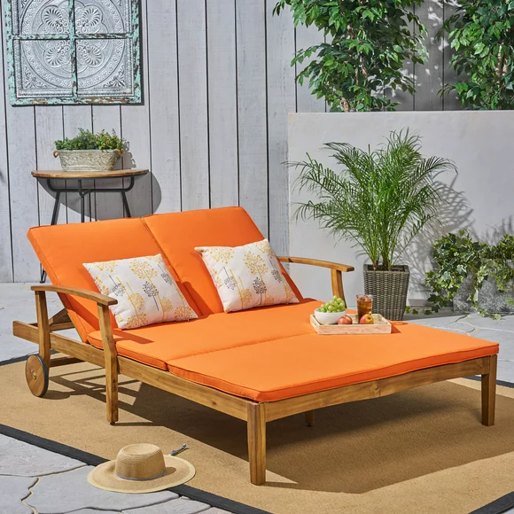 Danielle Outdoor Acacia Wood Double Chaise Lounge with Cushion, Teak, Orange