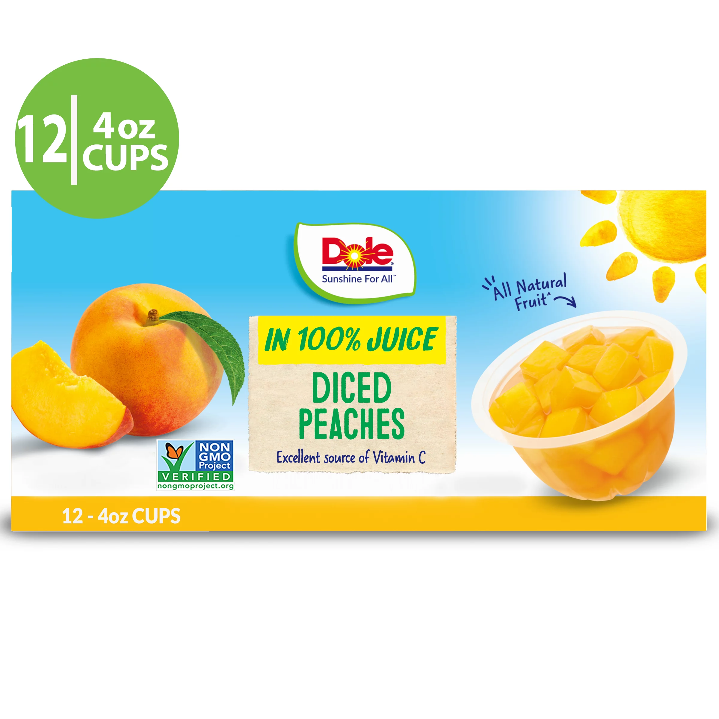 (12 Cups) Dole Fruit Bowls Diced Peaches in 100% Fruit Juice, 4 oz
