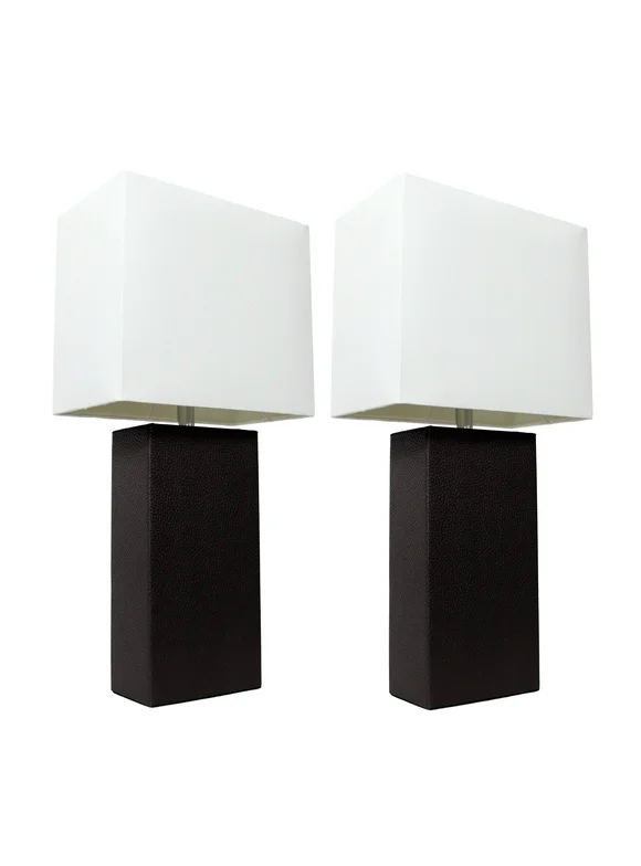 Elegant Designs 2-Pack Modern Leather Table Lamp Set with White Shades, Black