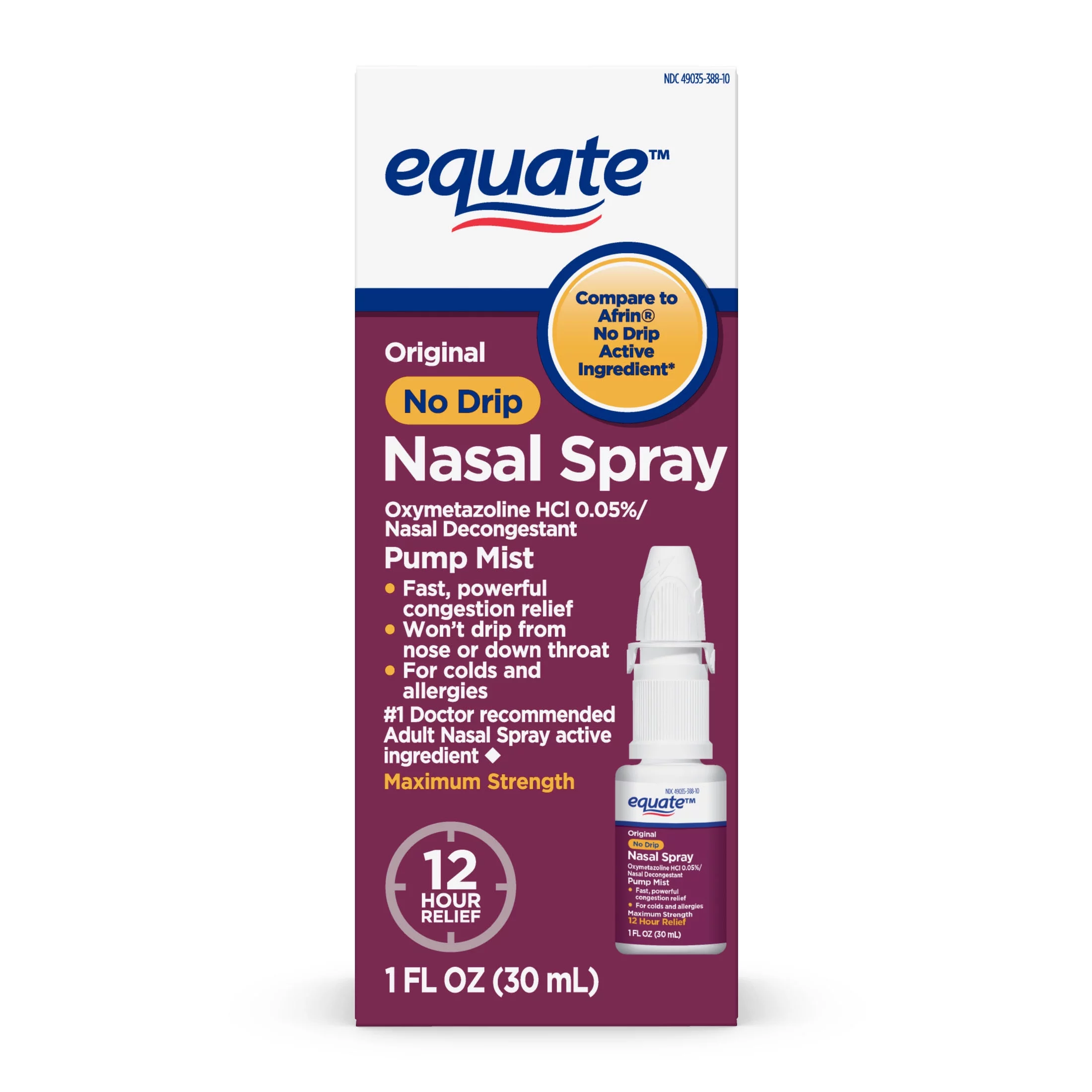 Equate No Drip Nasal Spray, Pump Mist, 12 Hour, 1 fl oz