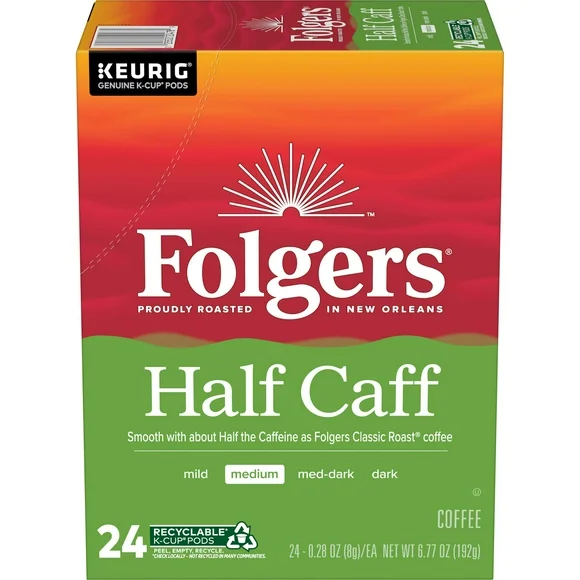 Folgers 1/2 Caff Coffee, Medium Roast Coffee, Keurig K-Cup Pods, 24 Count Box