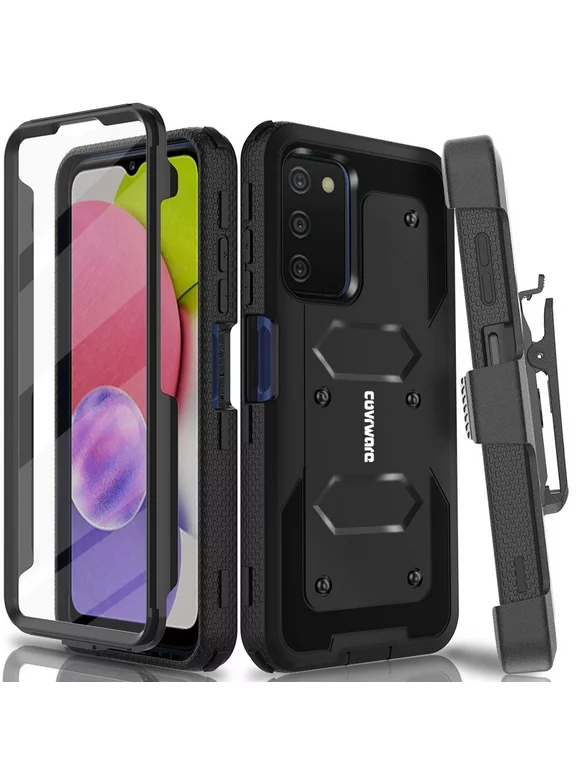 For Samsung Galaxy A03S, Covrware Aegis Series Case Full-Body Rugged Dual-Layer Shockproof Protective Swivel Belt-Clip Holster Cover with Built-in Screen Protector, Kickstand, Black