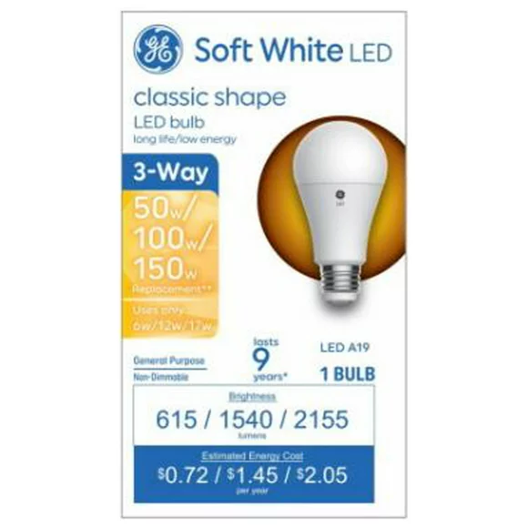 GE 93130566 LED 3-Way Light Bulb, A19 Medium Base, Soft White, 6/12/17 Watt - Quantity 1
