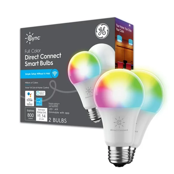 GE Cync Smart Light Bulbs, Full Color, Bluetooth & Wi-Fi, A19 Bulbs, 60 Watt Eqv, E26 Medium Base, 2pk