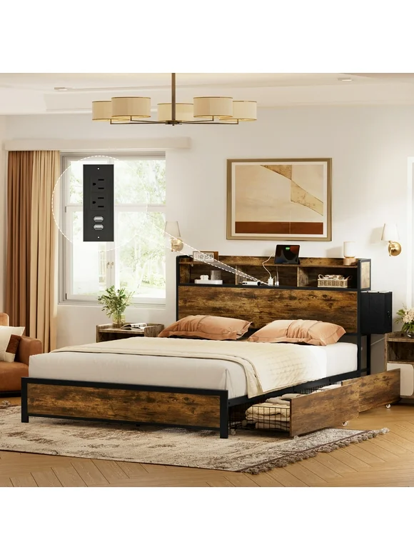 GUNAITO Queen Bed Frame with Storage Headboard, 2 Drawers Platform LED Bed Frame with USB Ports & Outlets Rustic Brown
